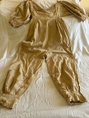 Free People Taupe Puff-Sleeve Jumpsuit